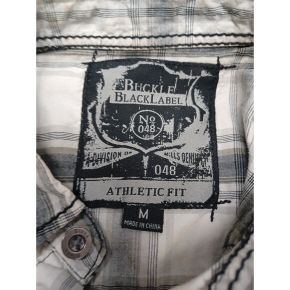 Mens Buckle BKE Shirt Black Label Thick Stitch Cross Embroidery Sz M Gray Plaid - Picture 9 of 11